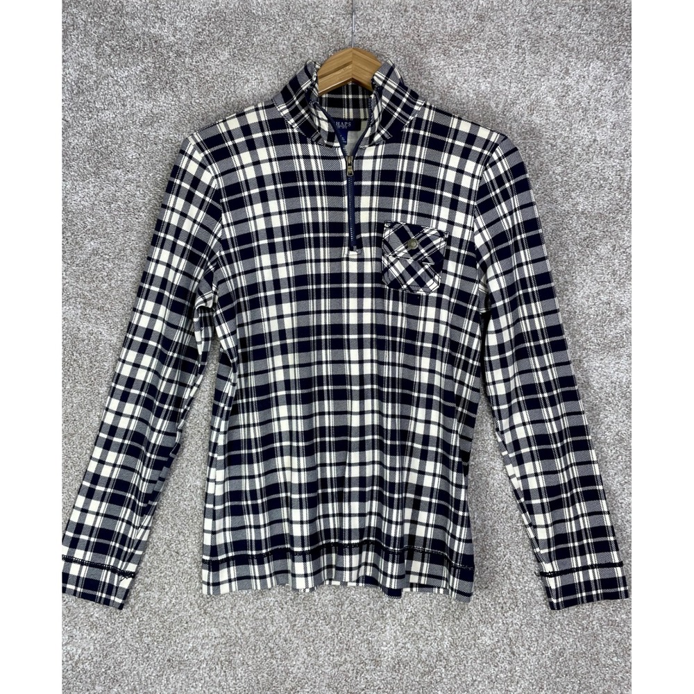 Chaps Plaid Quarter Zip Pullover Sweater Women Sz M Black White Cotton Academia